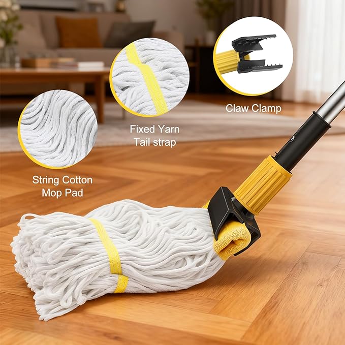 Heavy Duty String Wet Mop for Floor Cleaning, Commercial Industrial Cotton Mops with Stainless Steel Long Handle for Home, Kitchen, Bathroom, Garage