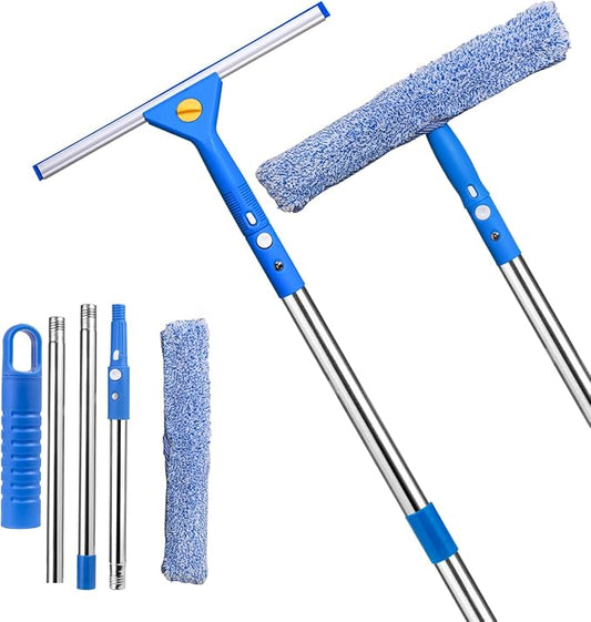 2-in-1 Window Cleaning kit with 51" Extension Poles, Suitable for Indoor & Outdoor Windows, High Glass, High Windows, Multi-Purpose Car Windshield Cleaning(Blue 15.74in - 51.18in)