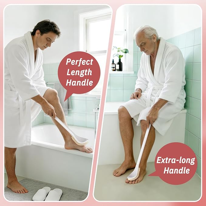 New Foot Brush with Extra-Long Handle, 3-in-1 Foot Scrubber for Wet or Dry Brushing, Adjustable 10.2’’- 27.5’’Foot Scrub Brush for Senior, Pregnant, Disabled, or Injured, Gift-Box Packed(Pink)