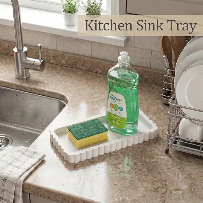 Small Silicone Bathroom Vanity Tray, Sink Caddy for Dish Soap Dispenser, Sponge Holder for Kitchen Sink, Rectangle Bathroom Countertop Organizer for Perfume, Jewelry, Candle (7.9” * 4”, White)