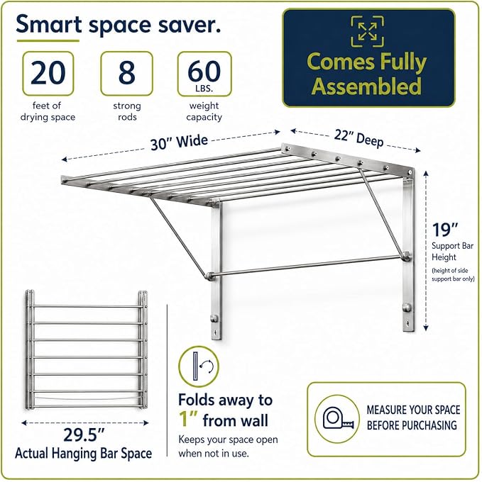 Smartsome Wall Mounted Clothes Drying Rack | 30" | 20 Ft | 60 lb