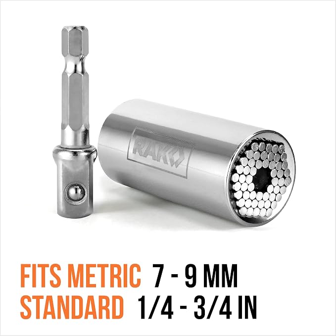 RAK Super Universal Socket Tool, 7-19mm Universal Socket Wrench Set, Gator Grip with Power Drill Adapter Set, Valentine's Day Gift, Ideal Cool Gadgets for Birthday Gifts for Men Dad Husband
