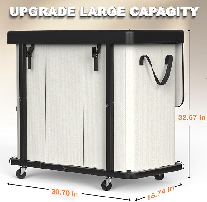 Laundry Basket with Wheels, 230L(60Gal) Laundry Sorter 3 Section - Beige | Leather Patchwork Laundry Hamper, Sturdy Metal Frame, Removable Washable Bag, Tall Clothes Sorter for Bedroom