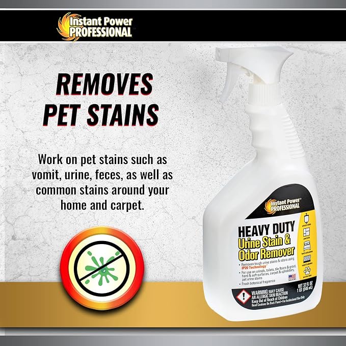 Instant Power Professional Enzyme Stain & Odor Remover, 32 fl oz | Heavy-duty bio-enzymes break down organic matter & urine, works on carpet, fabric, vinyl, tile & grout, no harsh chemicals