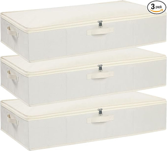 Underbed Storage Organizers,Beige,3 Pack,31.5x15.7x5.9 Inch | Under Bed Storage Container with Lids,Fabric Boxes,Drawer Organizer Bags,Foldable Baskets for Bedroom