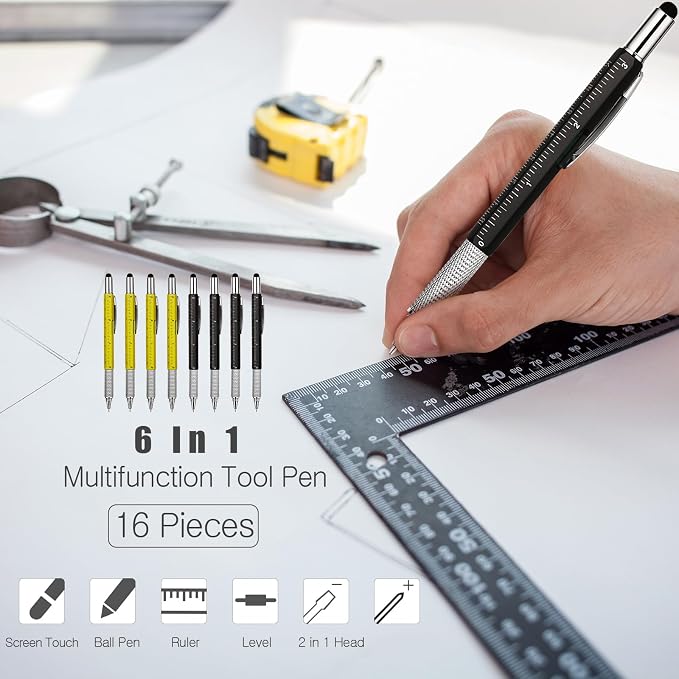 Zhanmai 16 Pcs Multi Tool Pens for Men, 6 in 1 Multitool Ballpoint Pen with Screwdriver Ruler Level Stylus Refills, Bulk Gifts for Employees Office Gadget Supplies Birthday Christmas Stocking Stuffers