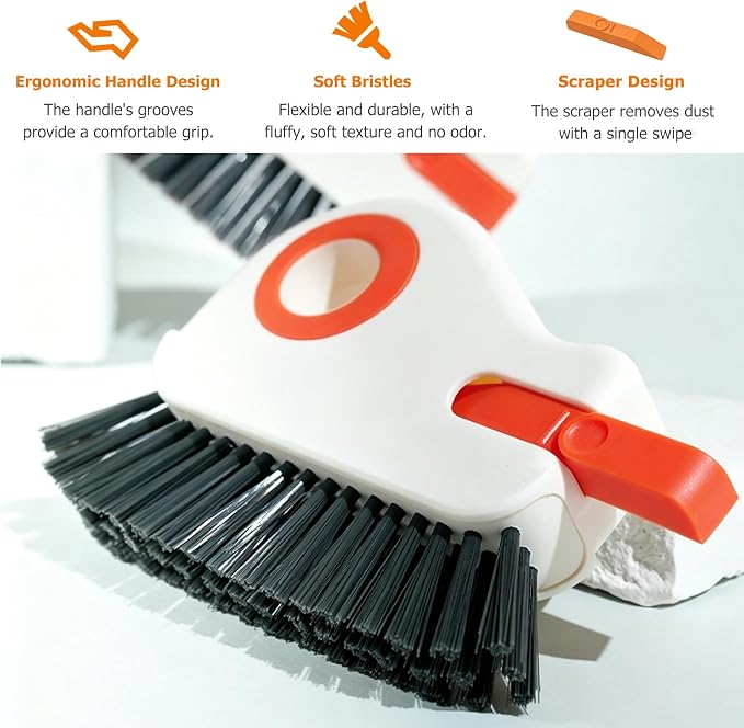 2 in 1 Groove Cleaning Brush, Multifunctional Window Track Cleaner with Hidden Scraper, Hard Bristle Grip Brush Sliding Door Cleaning Tool for Vehicle Home Office (Orange)