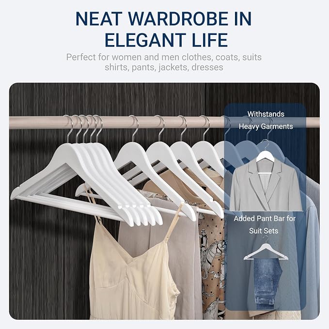 Amber Home 20 Pack White Wooden Coat Hangers, White Wood Suit Hangers with Non-Slip Pant Bar, Clothes Hangers for Closet Organization, Shirts, Jackets, Dresses, and Pants (White, 20)