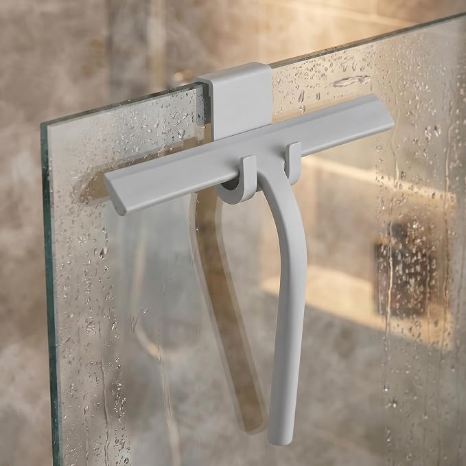 Shower Squeegee for Glass Doors, Mirror Window Tile Scrubber Cleaner with Hook Silicone (Gray)