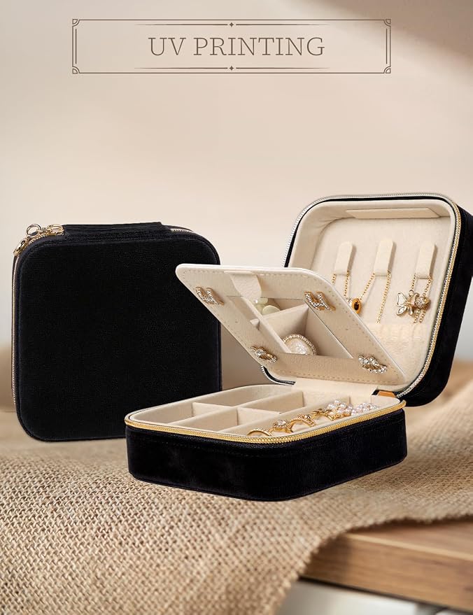 MFXIP Plush Velvet Travel Jewelry Case Small Jewelry Box Jewelry Organizer Storage Case Portable Jewelry Travel Case for Girls Womens Earring, Necklace, Rings,Bracelets with Mirror