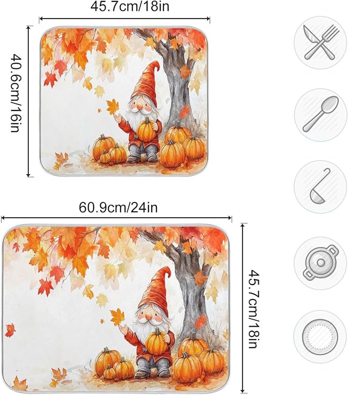 Fall Gnomes Dish Drying Mat for Kitchen Countertop 16x18 Autumn Pumpkin Maple Leaves Small Drying Mat Reusable Quick Dry Dish Sink Mats Easy Clean Decorative Essentials