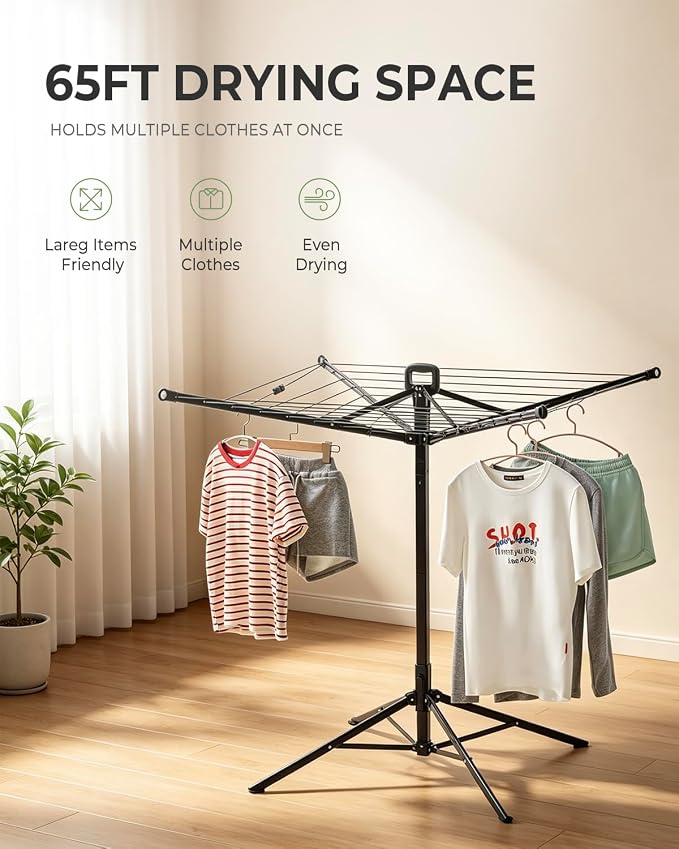 JS HANGER Rotary Clothes Drying Rack, 65 ft Outdoor Umbrella Drying Rack with Easy Push-Pull Handle, Foldable Laundry Drying Rack for Balcony, Patio & Backyard, Space-Saving Air Dryer
