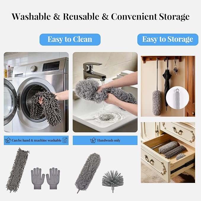 Microfiber Feather Duster 5-in-1 Kit with Extension Pole, Washable Cleaning Duster Set with 3 Duster Heads, Cobweb Duster, Corner Brush, 100'' Extendable Long Duster for High Ceilings, Fans, Furniture
