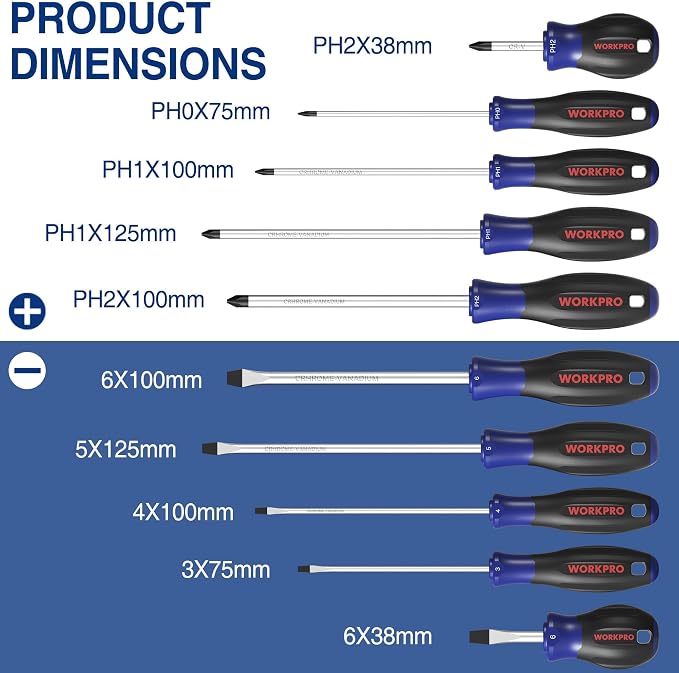 WORKPRO 10-Piece Magnetic Screwdriver Set with Pouch | Phillips, Slotted, Flat Head Screwdriver Include Magnetizer, Screwdriver with Non-Slip Grip, for Home Repair and DIY Projects