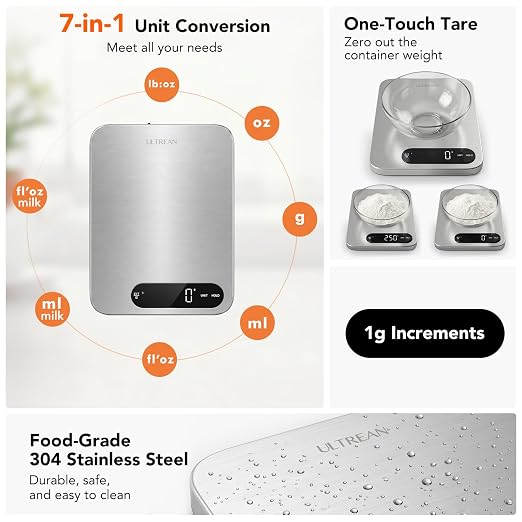 Ultrean IPX7 Waterproof Digital Food Scale, 33lb Kitchen Scale with Grams and Ounces (g/oz), Rechargeable Type-C, 1g Precision, 304 Stainless Steel, LED Display for Cooking, Baking & Meal Prep