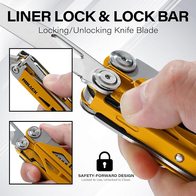 21-in-1 Multi Tool Pliers w/Safety Locking & Spring-Action Scissors | Heavy-duty Stainless Steel Multi-tool Set with Nylon Sheath for Work, Home, Garden, DIY & Auto, Maple Yellow