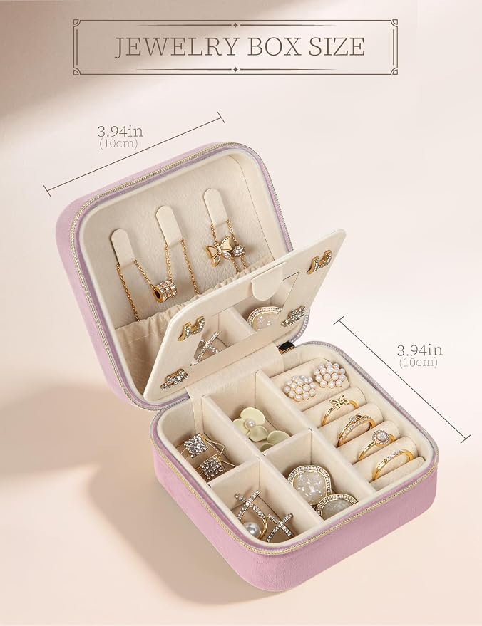 MFXIP Plush Velvet Travel Jewelry Case Small Jewelry Box Jewelry Organizer Storage Case Portable Jewelry Travel Case for Girls Womens Earring, Necklace, Rings,Bracelets with Mirror