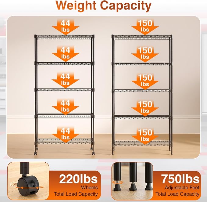 BestOffice | 5-Tier Wire Storage Shelves with Wheels | 14x30x60 | Black | Adjustable Racks | Heavy-Duty Metal Shelf, Holds Upto 220 lbs | No-Tool Assembly | Ideal for Home & Garage Shelving