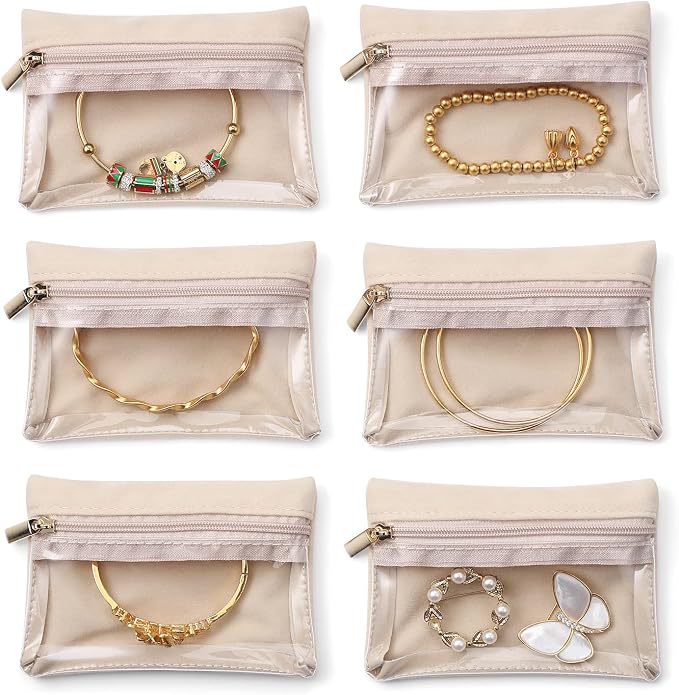 VLANDO Travel Jewelry Box Organizer – Portable PU Leather Jewelry Case with 6/8/12 Zippered Pouches, Compact Storage for Earrings Rings Necklaces Bracelets, Offwhite