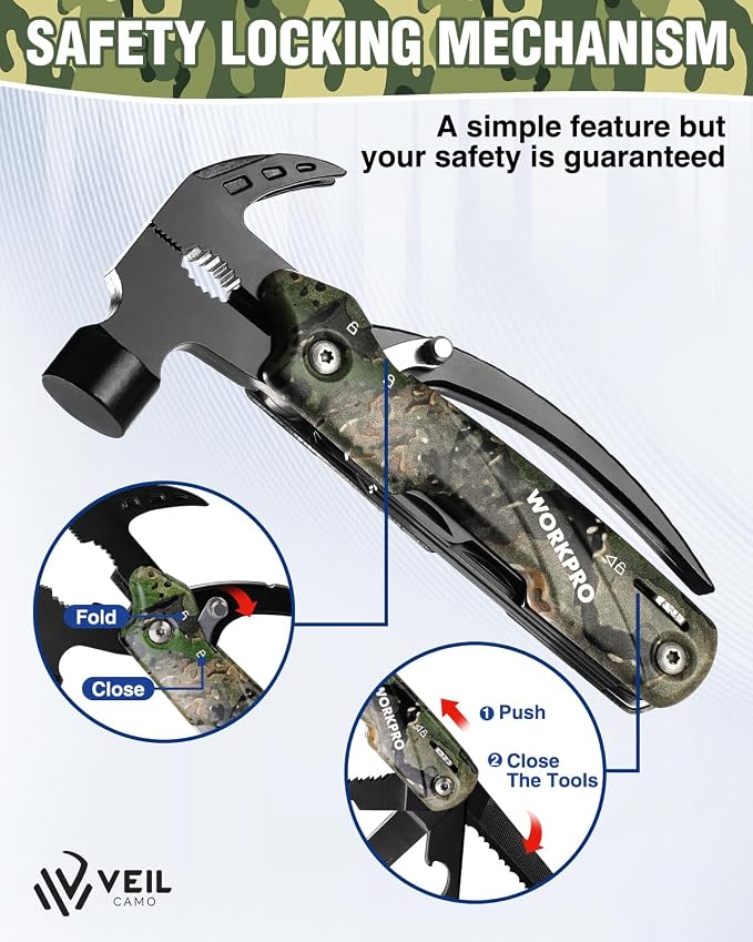 WORKPRO 12 in 1 Camping Tools with Mini Hammer | EDC Gear Multi Tools Hammer with Safety Lock and Pouch-Mini Multitools Gifts for Men and Women-Camouflage