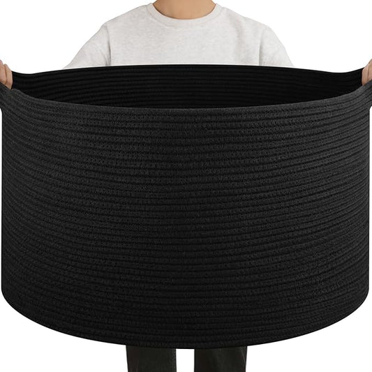 OIAHOMY 90L Extra Large Blanket Basket - Decorative Cotton Rope Storage Basket for Bedroom, Living Room & Nursery - Woven Laundry Hamper for Organizing Blankets, Clothes & Toys - Black