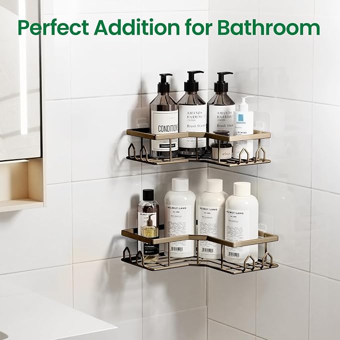 Adhesive Shower Caddy, 2 Pack Corner Bath Organizer, Rustproof Stainless Steel Shower Shelves with Large Capacity, No Drilling Shelves for Bathroom Storage, Home, Kitchen Decor (Brown).