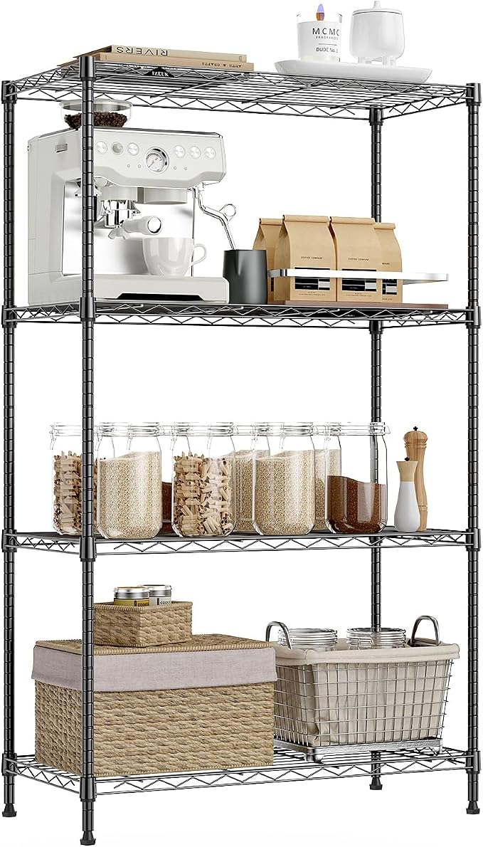 IZEUK 4-Tier Heavy Duty Steel Storage Shelves, Metal Shelf Wire Shelving Rack for Pantry, Kitchen, Garage, or Office Organization (29.5" W x 13.7" D x 47.2" H, 1000LBS, Black)