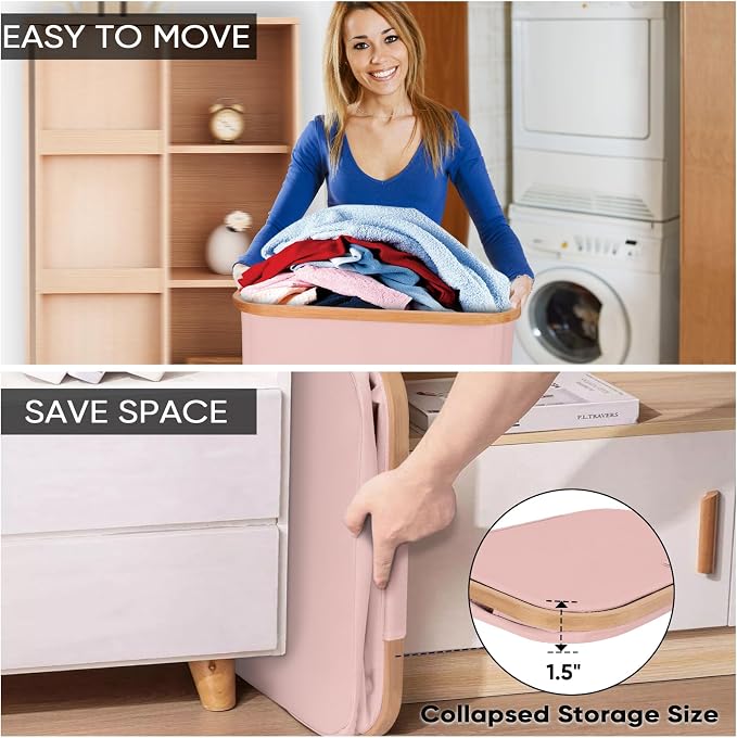 BALEINE Laundry Hamper with Lid, Tall Laundry Baskets with Bamboo Pull Handles, Large Laundry Bin with Internal Support (26 Gal/100L, Pink)
