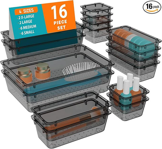 WOWBOX 16 PCS Clear Plastic Drawer Organizer Set, 4 Sizes Desk Drawer Organization and Storage Containers for Makeup, Cosmetics, Jewelry and Gadgets in Kitchen, Bathroom, Bedroom, Office, Clear Black