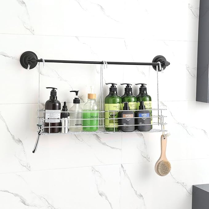 2pcs Single-Layer Hanging Shower Caddy, Rustproof Shelves Rack with Rotatable Hook bar, Large Capacity Bathroom Organizers and Storage, No Drilling Shampoo Bracket