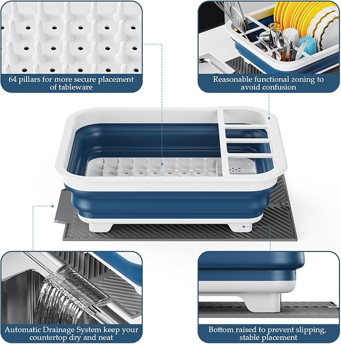 Dish Rack,Drying Rack Kitchen, Dish Racks for Kitchen Counter, Collapsible Dish Drying Rack—Suitable for Kitchens, motorhomes, Yachts, Campers - Blue-White (with Silicone Drain Pad)