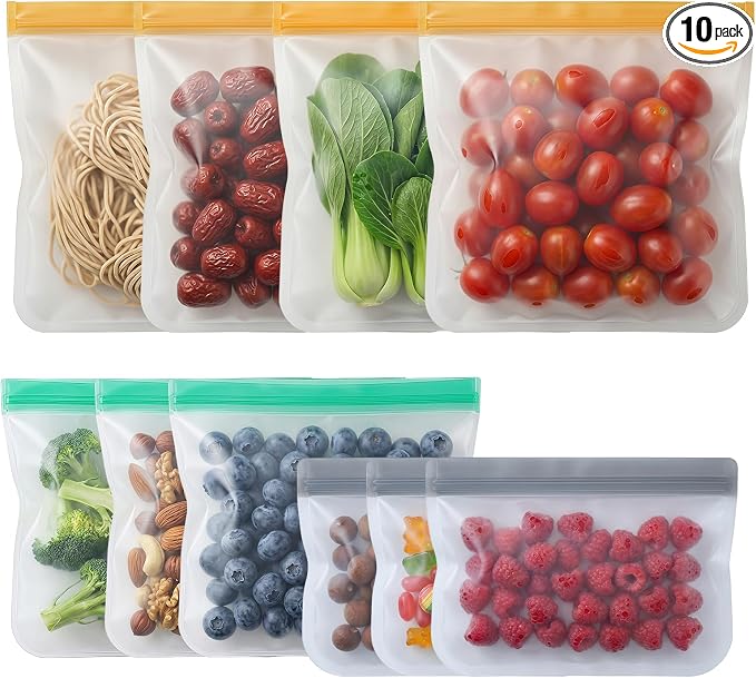10 Pack Reusable Freezer Bags, Leakproof Reusable Silicone Food Storage Bags BPA Free Contaizers, Snack Sandwich Gallon Bags for Meal Prep, Marinate Meat, Salad Fruit, Veggies, Lunch, Travel, Kitchen