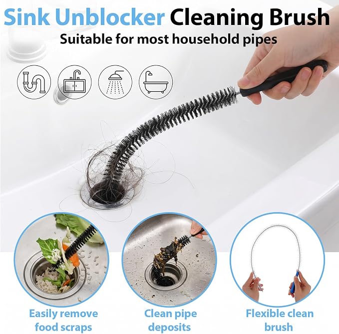 4Pcs Drain Hair Remover Tool, Flexible Long Pipe Cleaner Drain Brush, Long Drains Cleaning Brush for Hair Clogs, Kitchen Sink, Bathroom Tub, Shower