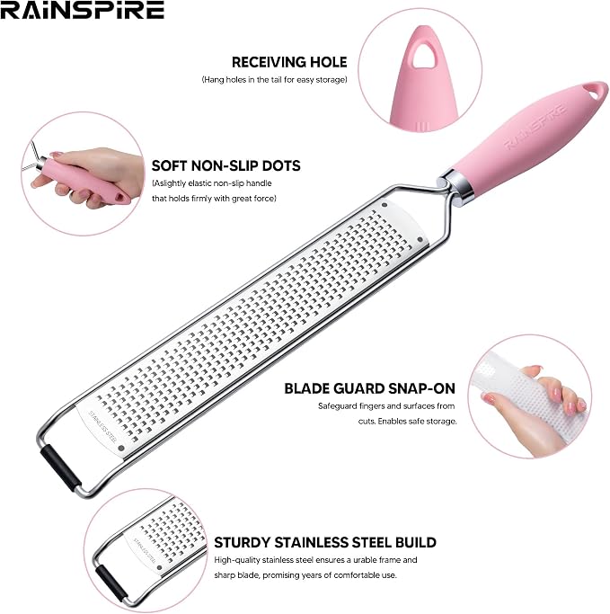 Rainspire Zester Grater with Handle, Lemon Zester Cheese Grater for Kitchen Stainless Steel, Parmesan Cheese Garlic Nutmeg Chocolate Fruits Vegetables Ginger Grater, Fine (Pink)