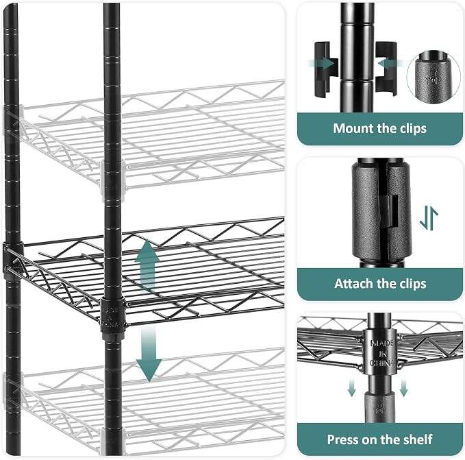 Homdox 6-Tier Storage Shelf Wire Shelving Unit Free Standing Rack Organization with Caster Wheels, Stainless Side Hooks, Black