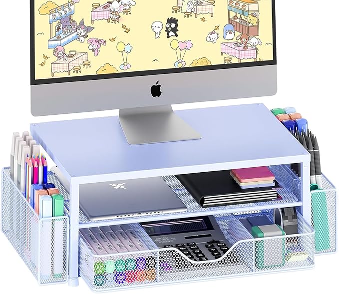 OPNICE Desk Organizers and Accessories, Computer Monitor Stand Riser with Drawer and 2 Pen Holders, Printer & Laptop Stand, Office Desk Accessories & Workspace Organizers for Home Office Supplies, Blue