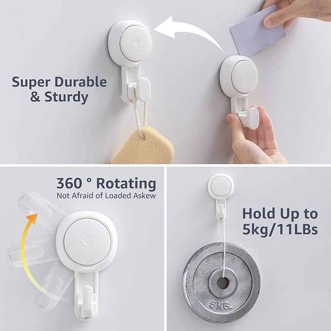 LEVERLOC Heavy Duty Suction Cup Shower Hooks 4 Pack, Damage-Free Shower Hangers for Inside Bathroom Wall, Powerful Vacuum Suction Towel Hooks, Loofah Holders, Easy to Install and Remove, White