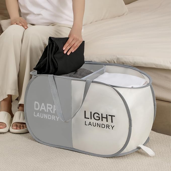 Collapsible Laundry Baskets with 2 Compartments, Black + Begie | 75L, Foldable, Pop up Hamper, Reinforced Durable Laundry Hamper for Home, Laundry, Bathroom, Dorm or Travel