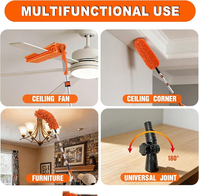 SISIUPASSIE 30FT Reach Ceiling Fan Cleaner Duster, Ceiling Fan Blade Cleaner with Extension Pole, Washable & Replaceable Microfiber Feather Duster Kits