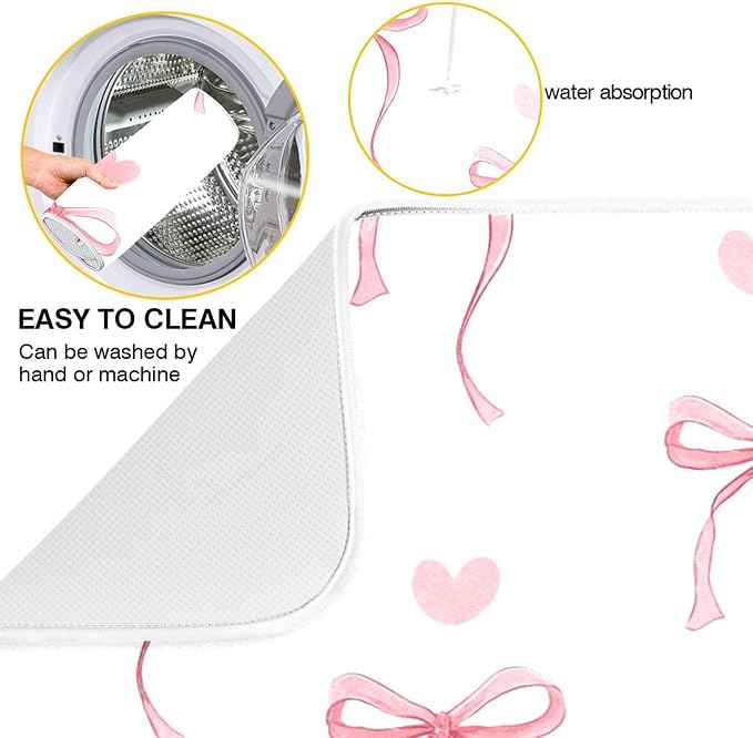 Pink Ribbon Bow Dish Drying Mat Quick Absorbent 18x24 Cute Bow Tie White Kitchen Drying Mat for Countertop Sink Reusable Dishes Mats Kitchen Essentials