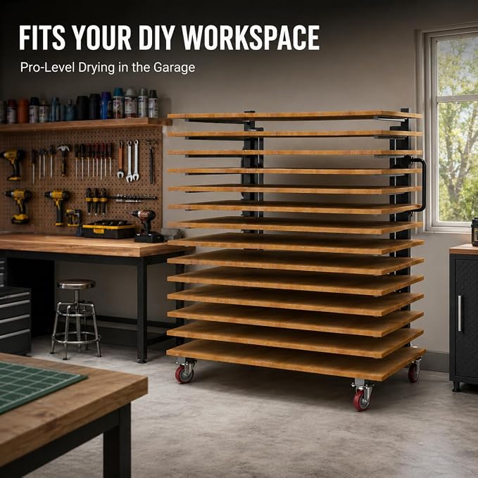 Paint Drying Rack,15-Tier Heavy-Duty Steel Drying Painting Rack | for Cabinet Doors, Adjustable Width 12 to 58 Inch,110 lbs Per Shelf,Black Drying Rack with Lockable Wheels for Paint Shops
