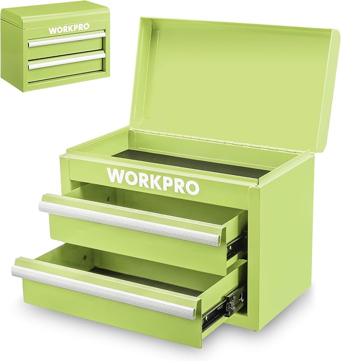 WORKPRO Metal Mini Tool Box with 2 Drawers and Top Storage | Cold Rolled Steel Toolbox, Ball Bearing Slides, PVC Drawer Liners, PP Feet Pads, Durable Storage
