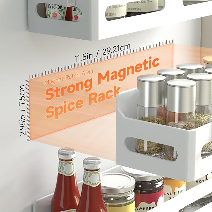 Sevenblue 4-Pack Magnetic Spice Rack for Refrigerator with Hooks, White | Strong multipurpose magnetic shelf for kitchen & bathroom organization. Includes 4 removable hooks for hanging items.