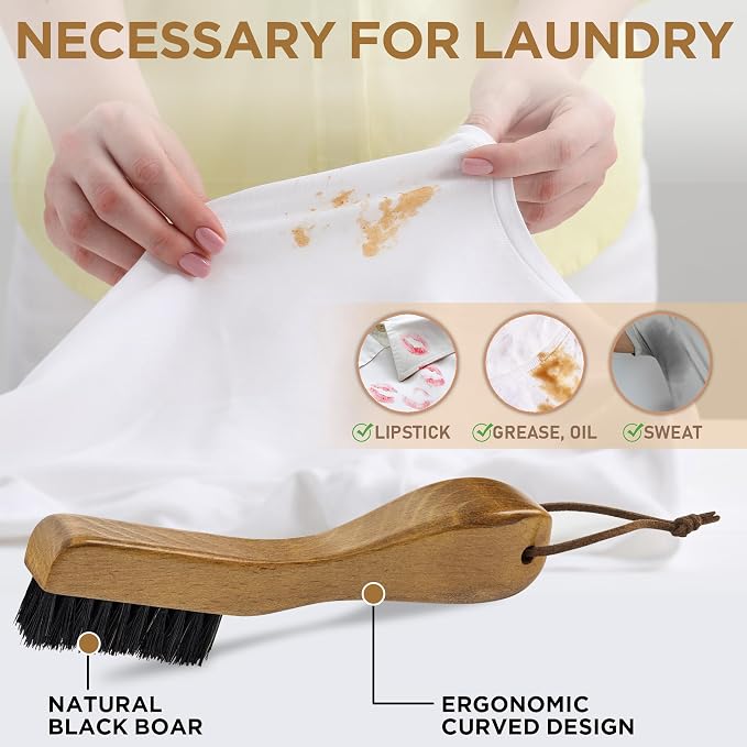 TAKAVU Laundry Stain Brush 1pcs, Soft Black Boar Bristles | Clothes Cleaning Scrubber, Stain Remover for Shirts, Collars, Cuffs & Shoes, Curved Beech Wood Handle with Hanging Loop