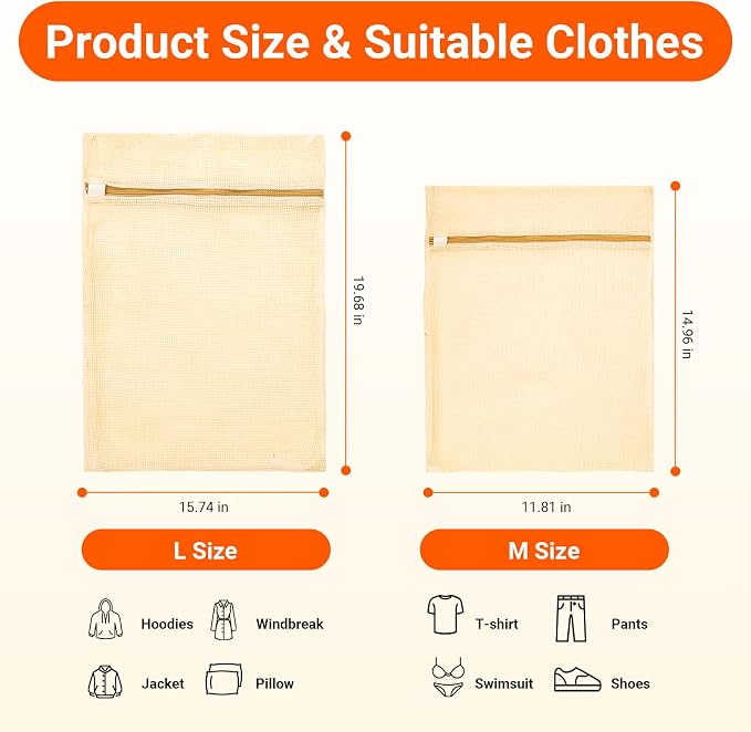 6Pcs Organic Cotton Mesh Laundry Bags for Delicates, Durable Mesh Wash Bags, Sturdy Zipper Laundry Bag for Underwear, Clothes, Shoes, Socks, (3 Large, 3 Medium)