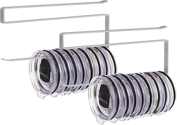 2 Pack Tumbler Lid Organizer, Versatile Tumbler Storage Holds 20 Lids Grey | Space Saving Cup Lid Organizers Inside Cabinet Tumbler Lid Hook for Kitchen Organizer and Storage, Paper Towel Rack Hanger