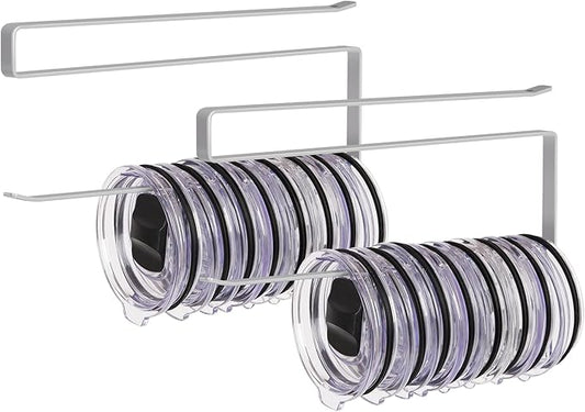2 Pack Tumbler Lid Organizer, Versatile Tumbler Storage Holds 20 Lids Grey | Space Saving Cup Lid Organizers Inside Cabinet Tumbler Lid Hook for Kitchen Organizer and Storage, Paper Towel Rack Hanger
