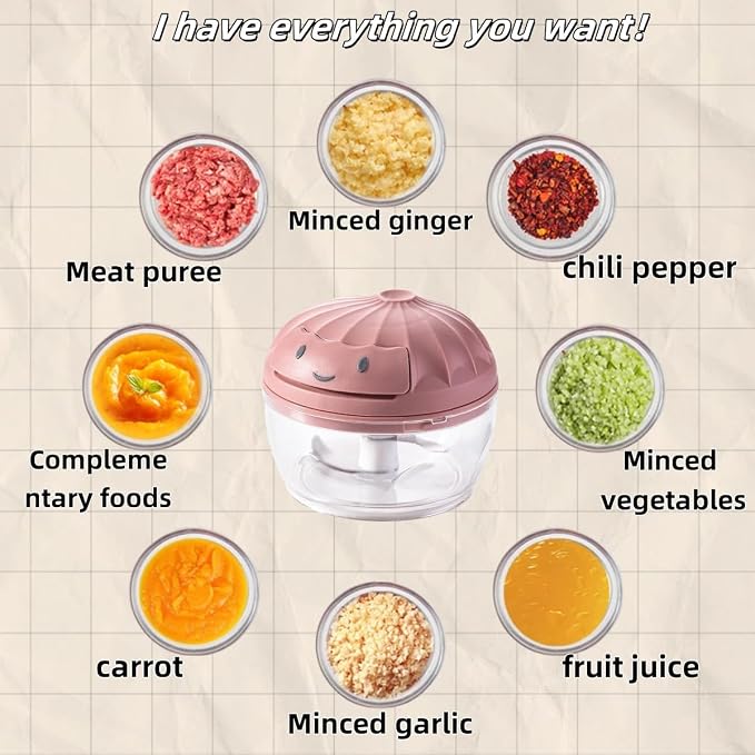 Manual Food Processor Vegetable Chopper, Mini Hand Pull String Garlic Chopper Onion Cutter for Veggies, Ginger, Fruits, Nuts, Avocado, garlic etc., Food Safe Material, 160ml (pink)