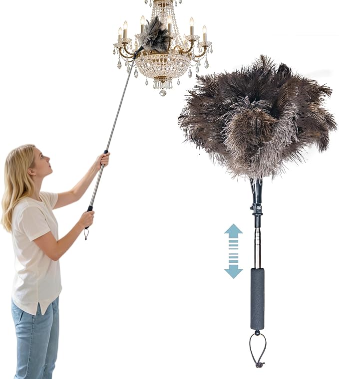 Feather Duster Extendable 22–47 Inch, Natural Ostrich Feather Duster with Long Handle for High Ceilings, Ceiling Fans, Walls，Furniture(Brown)
