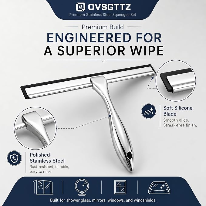 Shower Squeegee for Glass Doors, Stainless Steel Bathroom Squeegee with 3 Kinds of Waterproof Adhesive Hooks, 10 Inch Window Mirror Tile Wall Car Glass Cleaner Tool, Streak-Free Silicone Blade